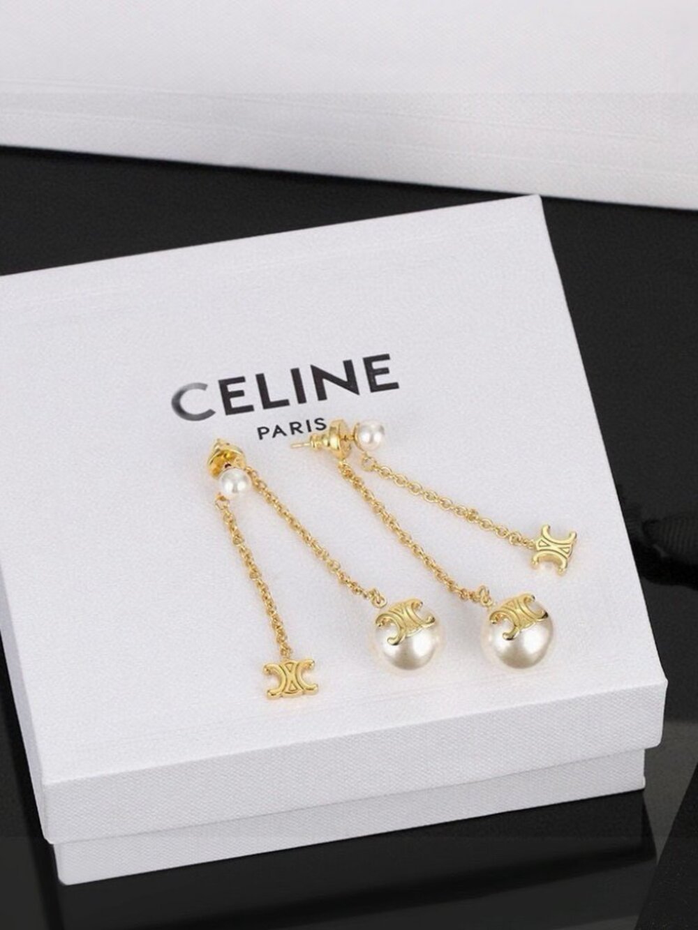 ✨A woman's Celine- Gold-Tone and Pearl Double DropEarrings ✨